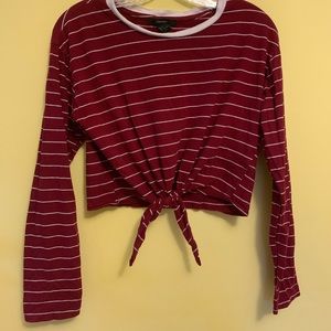Red Striped Forever 21 Long Sleeve Cropped Shirt